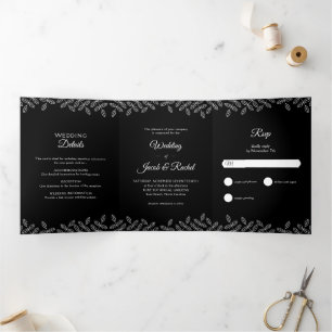 Elegant Leaves Black & White Wedding Tri-Fold Invitation
