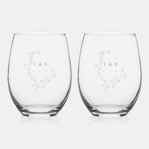 Elegant Leaves Crest Wedding Monogram  Stemless Wine Glass