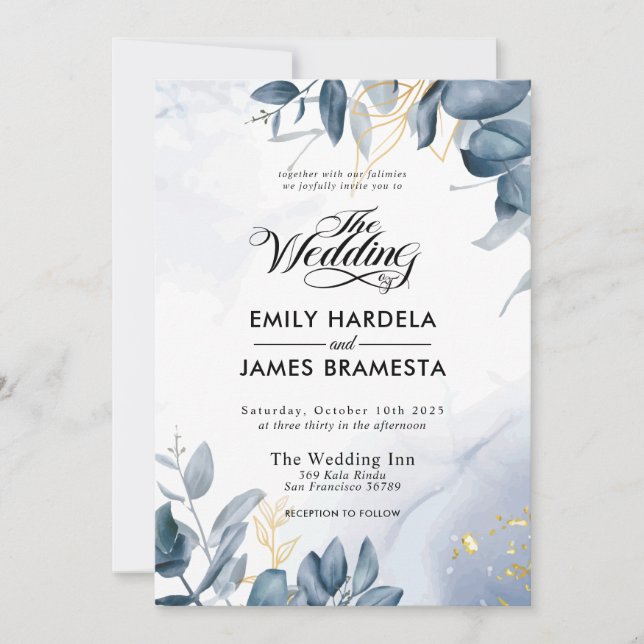 Elegant Leaves Gold Blue Watercolor Wedding  Invitation (Front)