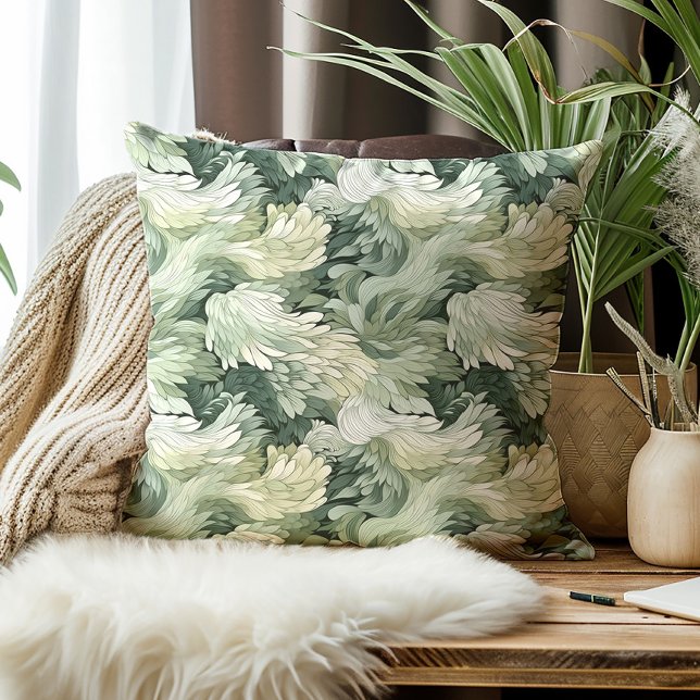 Elegant Leaves Green Shades Botanical  Cushion (Elegant green feathery leaves decorator pillow)