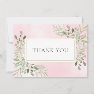Elegant Leaves Greenery Pink Watercolor Thank You Card