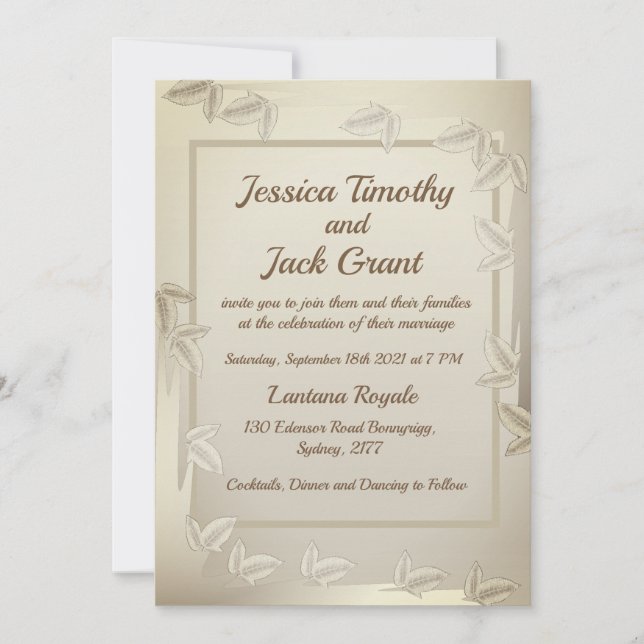 Elegant Leaves in Gold Wedding Invitation (Front)