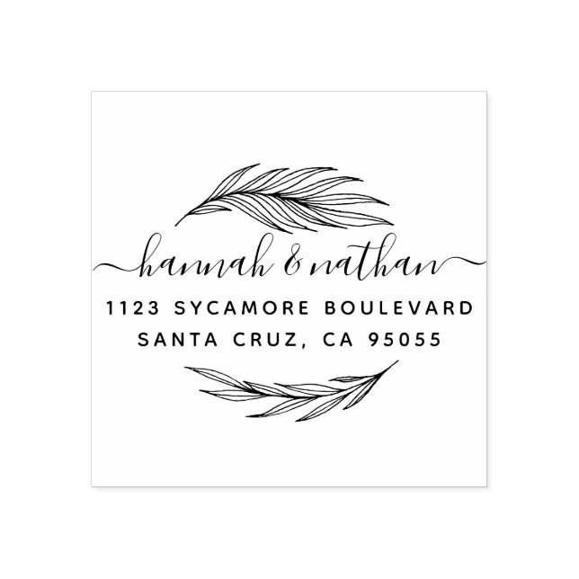 Elegant Leaves Minimalist Script Wedding Address Rubber Stamp (Imprint)