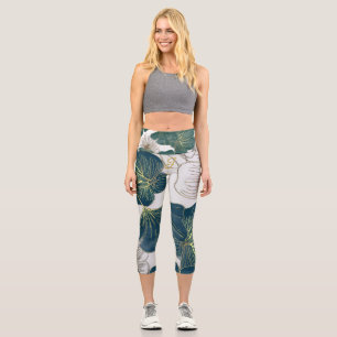 Elegant Leaves of Blue With Gold Lines Botanical Capri Leggings