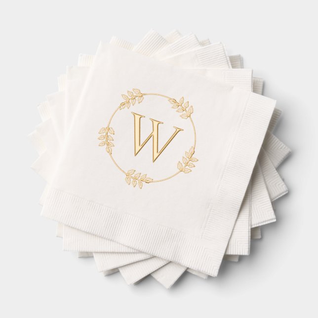 Elegant Leaves on Circle Frame Initial Monogram Foil Napkins (Insitu (Stacked))