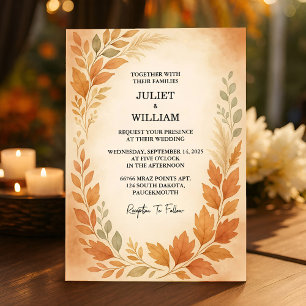 Elegant Leaves & Pampas Grass Autumn Fall Wedding Invitation