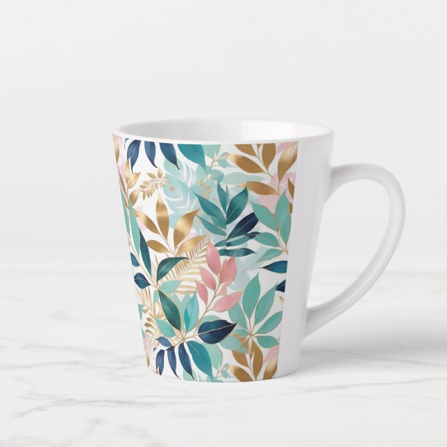 Elegant Leaves Pattern Aqua Pink Faux Gold Pretty Latte Mug (Right)