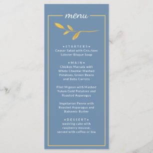 Elegant leaves. Simple classic Blue Wedding Menu