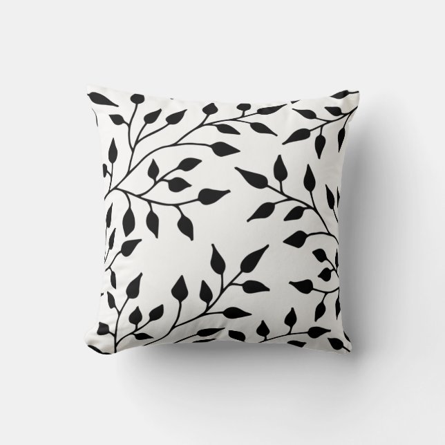 Elegant Leaves Throw Pillow / Black White (Front)