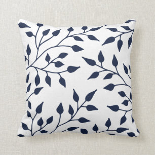 Elegant Leaves Throw Pillow / Navy White