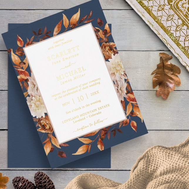 Elegant Leaves Wedding (Elegant Navy Blue Watercolor Leaves Wedding Gold Foil Invitation by Painted Paperie
)