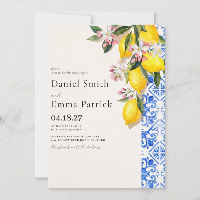 Elegant Lemon and Blue Mediterranean Wedding Invitation (Front)