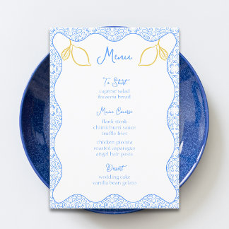 Elegant Lemon and Blue Tiles Mediterranean Wedding Menu