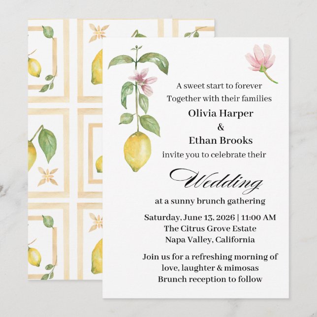 Elegant Lemon Blossom Citrus Summer Wedding  Invitation (Front/Back)