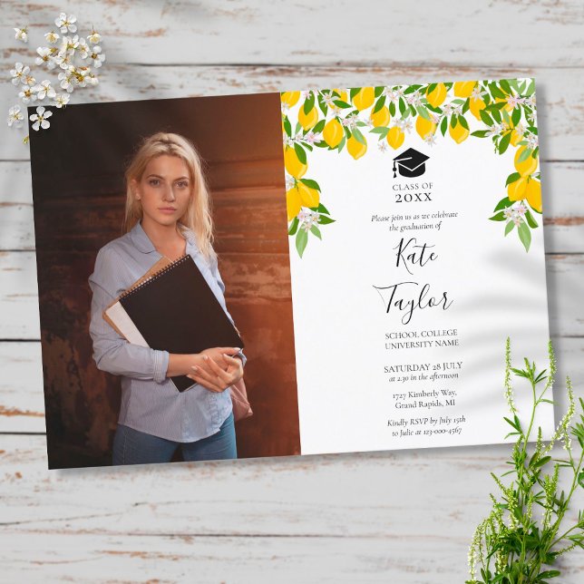 Elegant Lemon Blossom Floral Graduation Photo Invitation (Creator Uploaded)