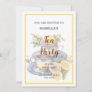 Elegant Lemon & Blue Tea Party Birthday Invitation