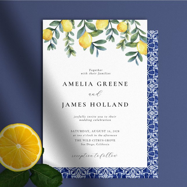 Elegant Lemon Botanical Blue Mediterranean wedding Invitation (Elegant watercolor lemon wedding invitations with mediterranean blue tile back pattern. )
