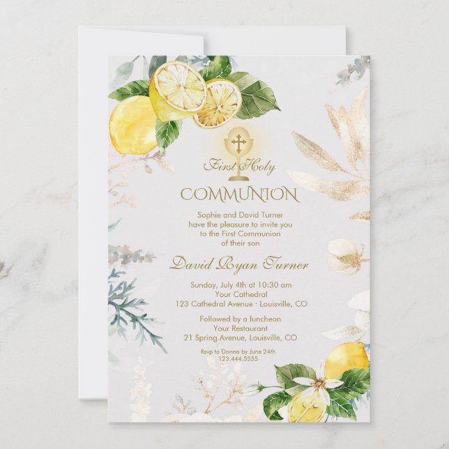 Elegant Lemon Fruit Gold Gold First Holy Communion Invitation (Front)