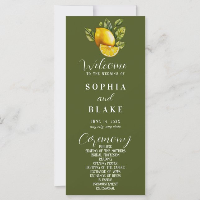Elegant Lemon & Greenery Green Wedding Program (Front)
