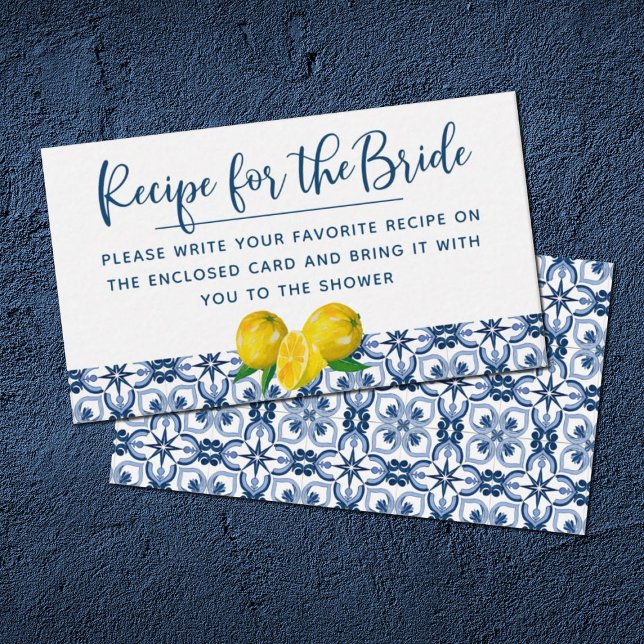Elegant Lemon Italian Blue Tile Recipe Request Business Card (A recipe request card to insert in your bridal shower invitation.)