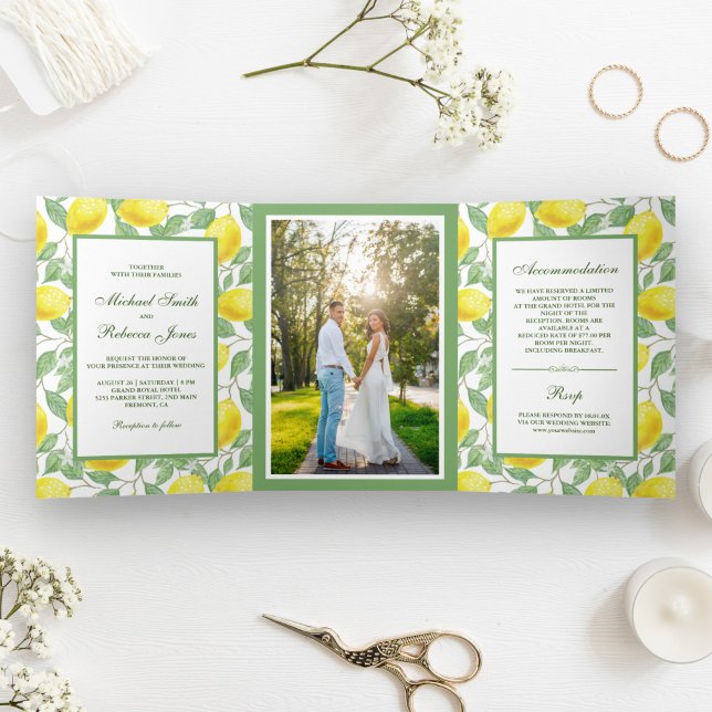 Elegant Lemon Orchard Greenery Wedding Photo Tri-Fold Invitation (Creator Uploaded)