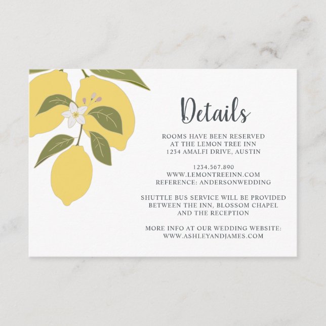 Elegant Lemon Theme Wedding Details Enclosure Card (Front)