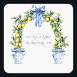 Elegant Lemon Topiary Romantic Wedding Square Sticker<br><div class="desc">Add a touch of timeless charm to your wedding invitations with this beautifully designed Wedding Sticker. Featuring a lush greenery arch adorned with vibrant lemons, framed by classic pillars and exquisite blue ornate vases, this design perfectly complements your elegant celebration. The sophisticated details and refined aesthetic make it a stunning...</div>