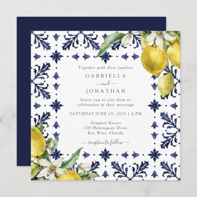 Elegant Lemon Watercolor Blue Tile Wedding  Invitation (Front/Back)