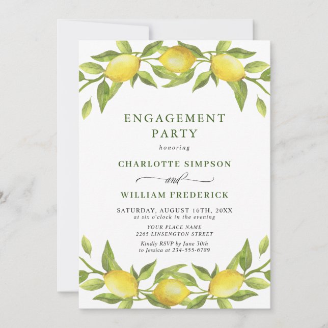 Elegant Lemon Watercolor Greenery ENGAGEMENT PARTY Invitation (Front)