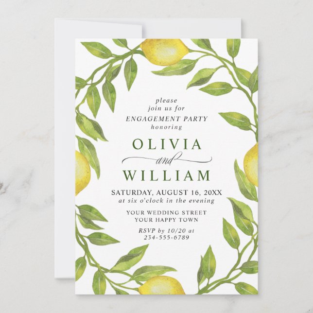 Elegant Lemon Watercolor Greenery ENGAGEMENT PARTY Invitation (Front)