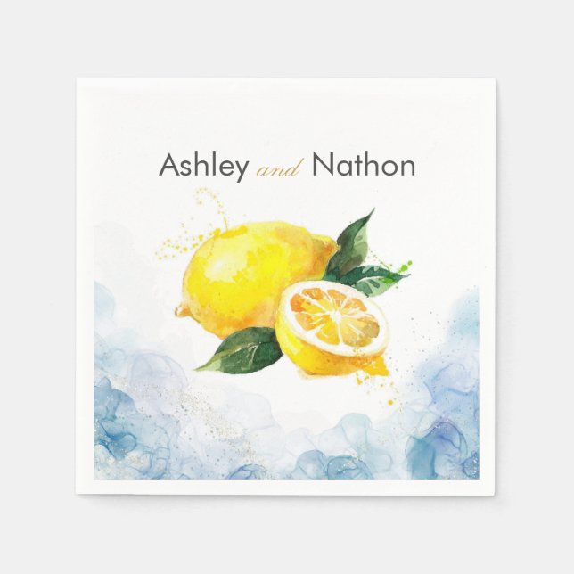 Elegant Lemon Yellow & Blue Watercolor Wedding Napkin (Front)