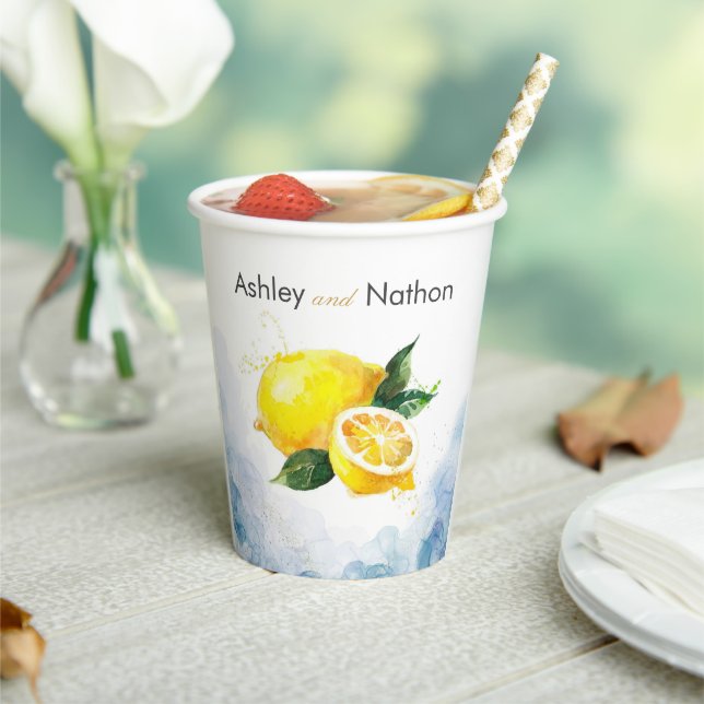 Elegant Lemon Yellow & Blue Watercolor Wedding Paper Cups (Insitu)