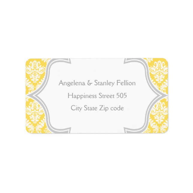 Elegant lemon yellow, grey damask wedding label (Front)