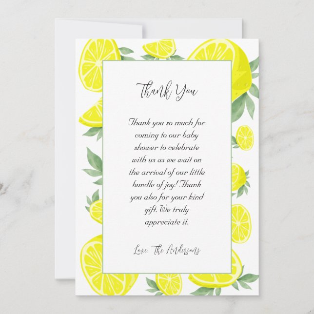 Elegant Lemons Baby Shower Thank You Card (Front)