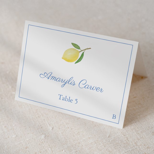 Elegant Lemons Blue Seersucker Stripes Place Card (Individual place cards featuring simple single lemon and summery blue and white seersucker backer)