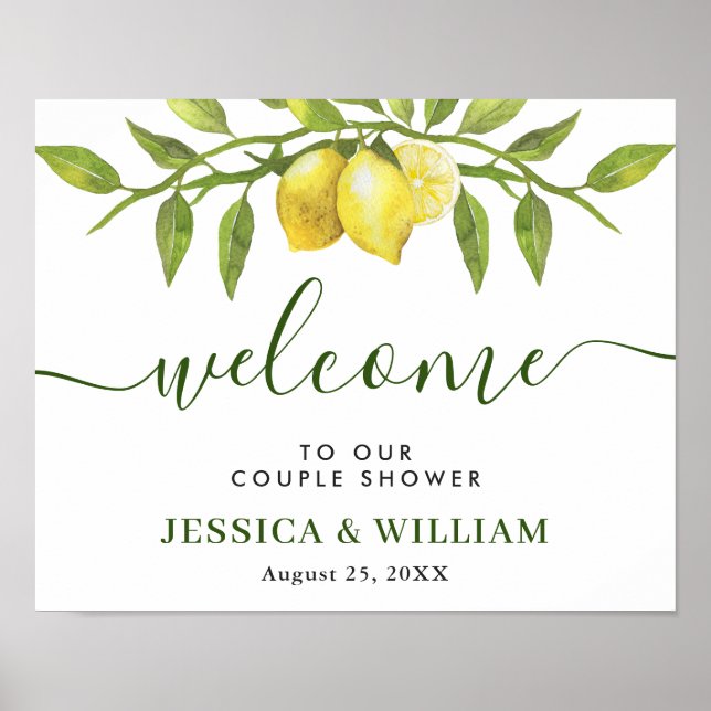 Elegant Lemons Greenery COUPLE SHOWER Welcome Poster (Front)