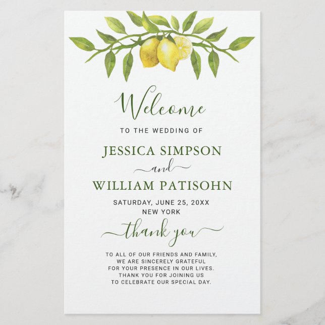 Elegant Lemons Greenery Wedding Ceremony Program (Front)