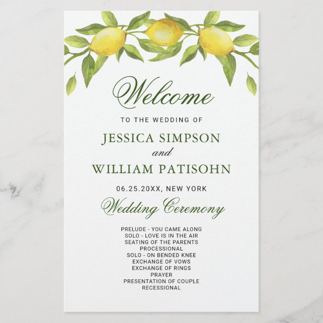 Elegant Lemons Greenery Wedding Ceremony Program (Front)