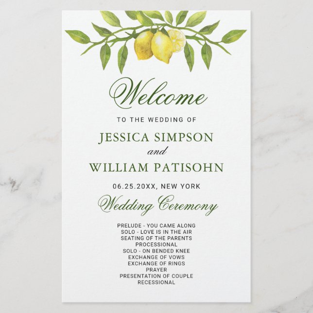 Elegant Lemons Greenery Wedding Ceremony Program (Front)