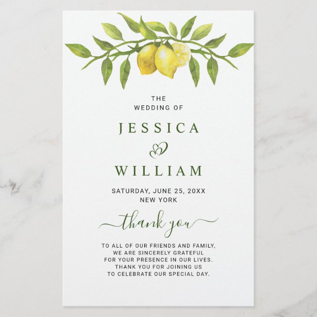 Elegant Lemons Greenery Wedding Ceremony Program (Front)