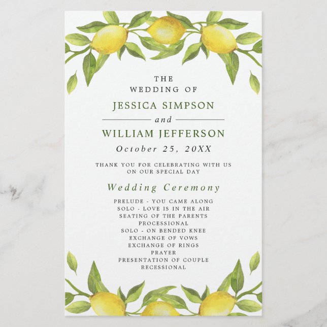 Elegant Lemons Greenery Wedding Ceremony Program (Front)