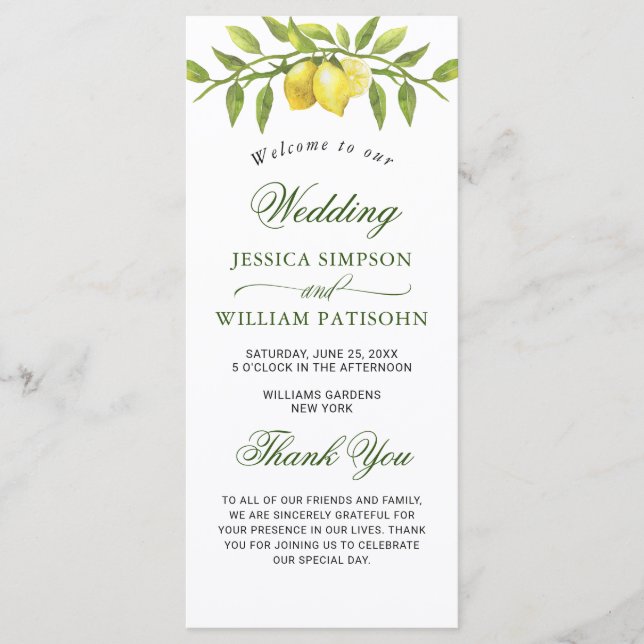 Elegant Lemons Greenery Wedding Ceremony Programme (Front)