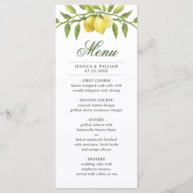 Elegant Lemons Greenery Wedding Dinner Menu (Front)