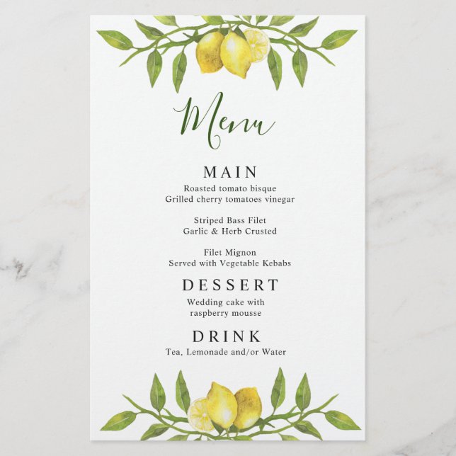 Elegant Lemons Greenery Wedding Dinner Menu (Front)