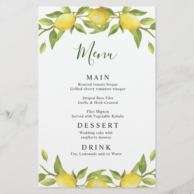 Elegant Lemons Greenery Wedding Dinner Menu (Front)