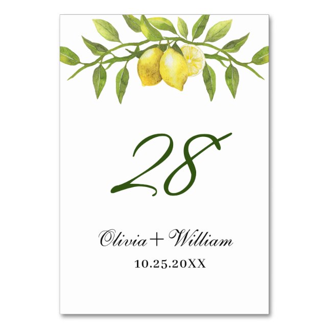 Elegant Lemons Greenery Wedding Table Number (Front)
