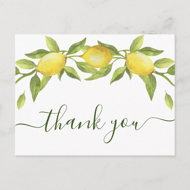 Elegant Lemons Watercolor Floral Wedding Thank You Postcard (Front)