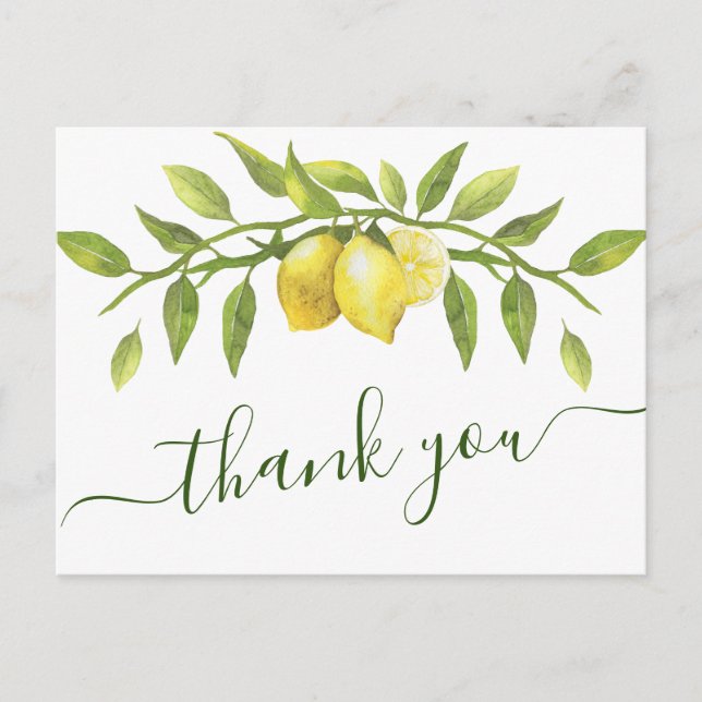 Elegant Lemons Watercolor Floral Wedding Thank You Postcard (Front)