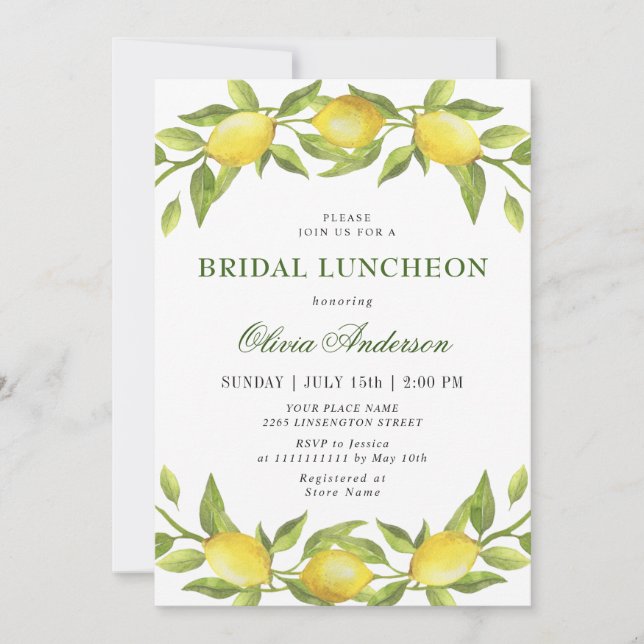 Elegant Lemons Watercolor Greenery BRIDAL LUNCHEON Invitation (Front)