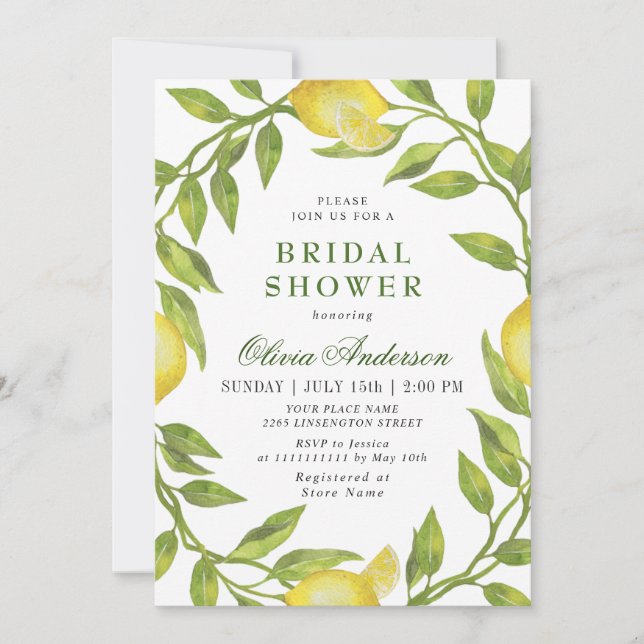 Elegant Lemons Watercolor Greenery BRIDAL SHOWER Invitation (Front)